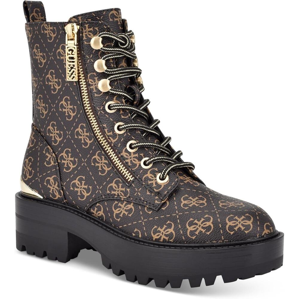 GUESS Women Ferina Lug Sole Combat Boots Size US 5M Medium Brown GG Logo Print